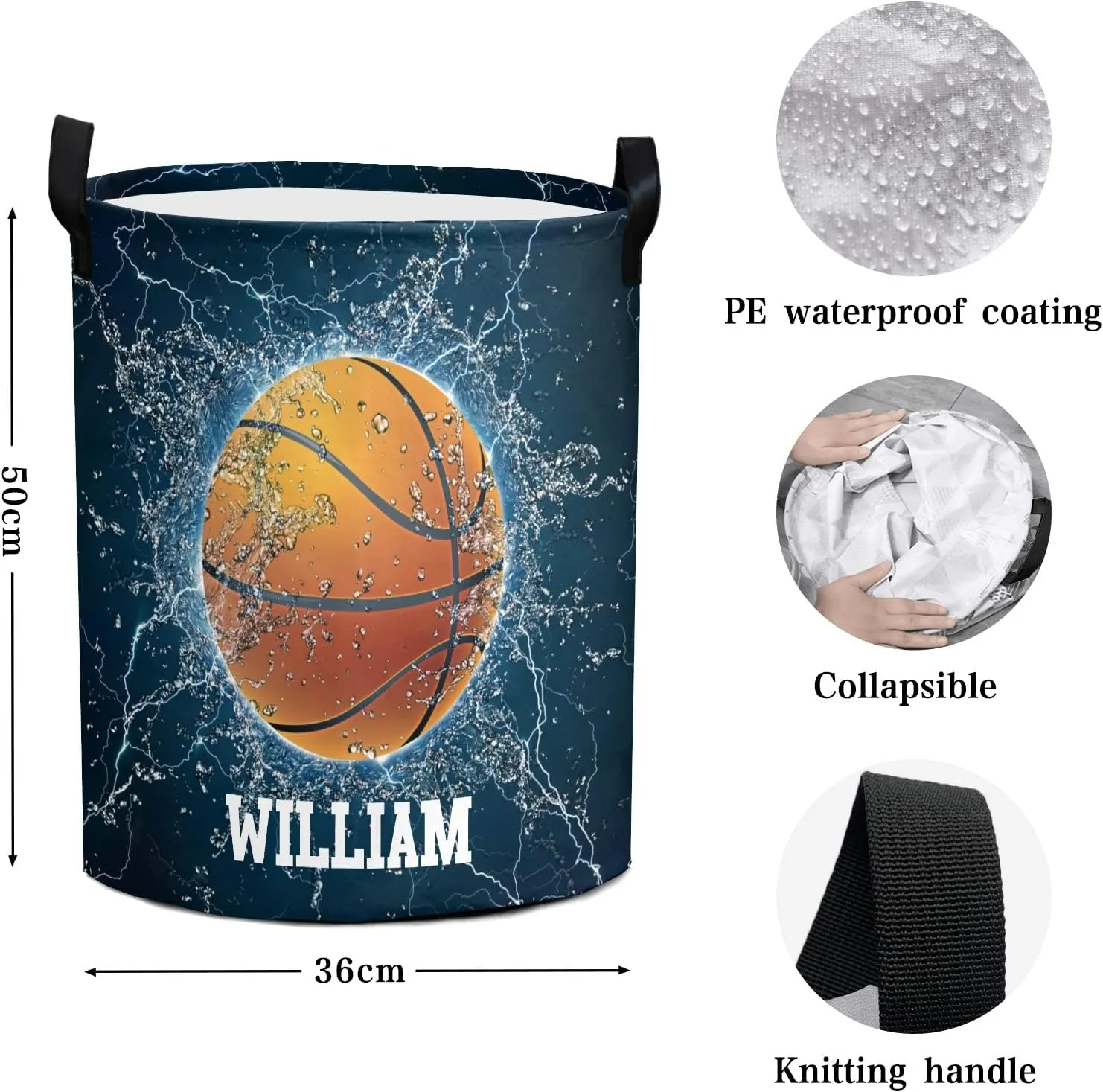 Sport Basketball Water Personalized Waterproof Foldable Laundry Basket Bag with Handle, Custom Collapsible Clothes Hamper Storage Bin for Toys Laundry Dorm Travel Bathroom