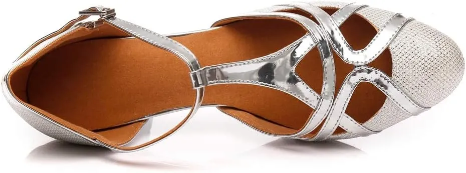 TDA Women's T-Strap Glitter Synthetic Salsa Tango Ballroom Latin Party Dance Shoes