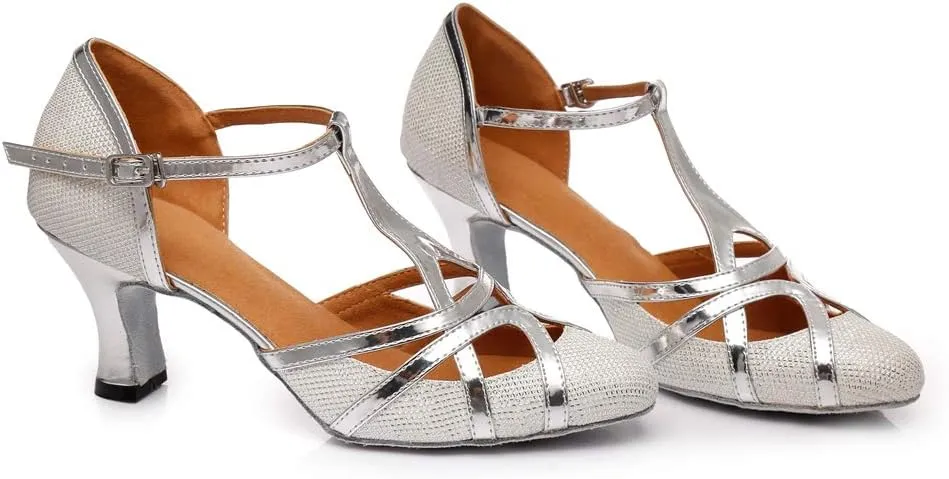 TDA Women's T-Strap Glitter Synthetic Salsa Tango Ballroom Latin Party Dance Shoes
