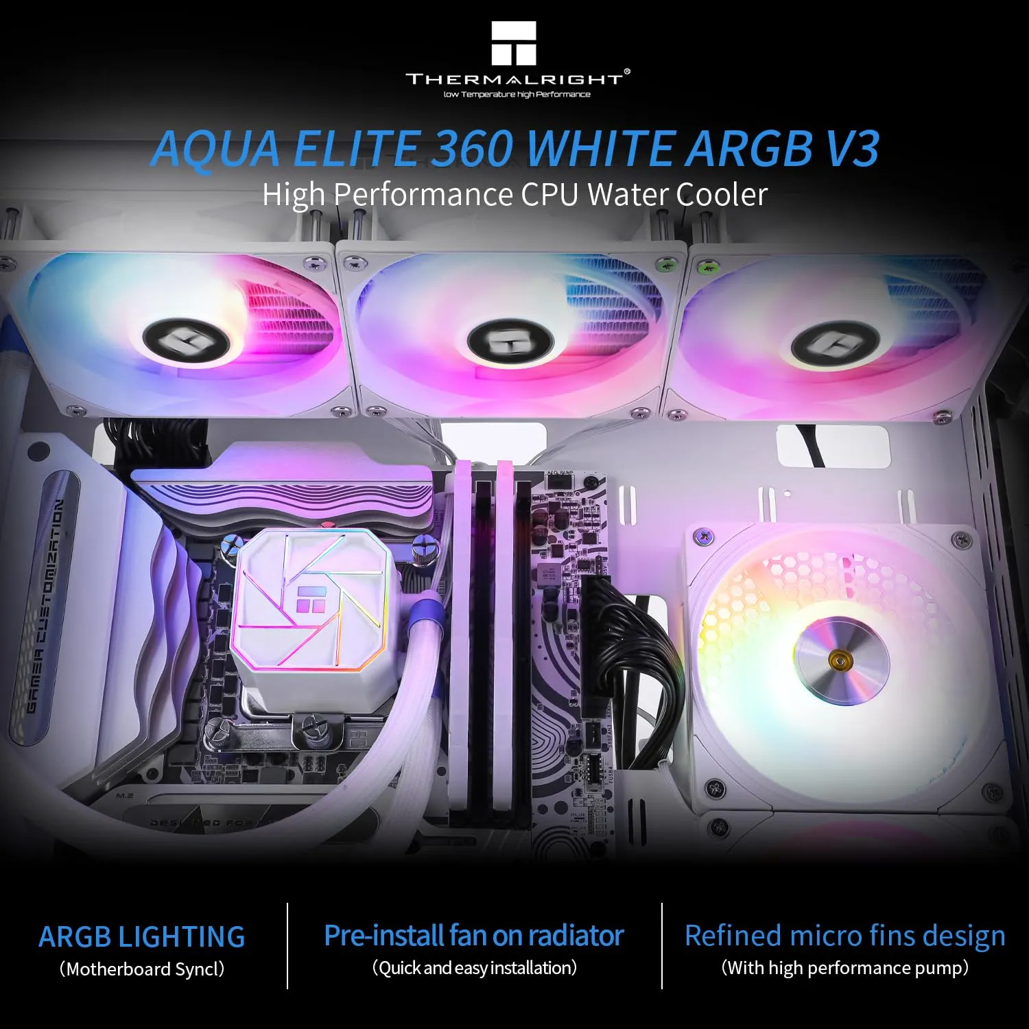 Thermalright Aqua Elite 360 White V3 Water Cooling CPU Cooler 3 PWM ARGB Fans with S-FDB Bearings,Efficient PWM Controlled Pump,for AMD/AM4/AM5, Intel LGA1150/1151/1200/2011/1700, (AE360 White V3)