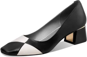 TinaCus Genuine Leather Women's Square Toe Handmade Comfortable Low Chunky Heel Slip On Assorted Color Pump Shoes