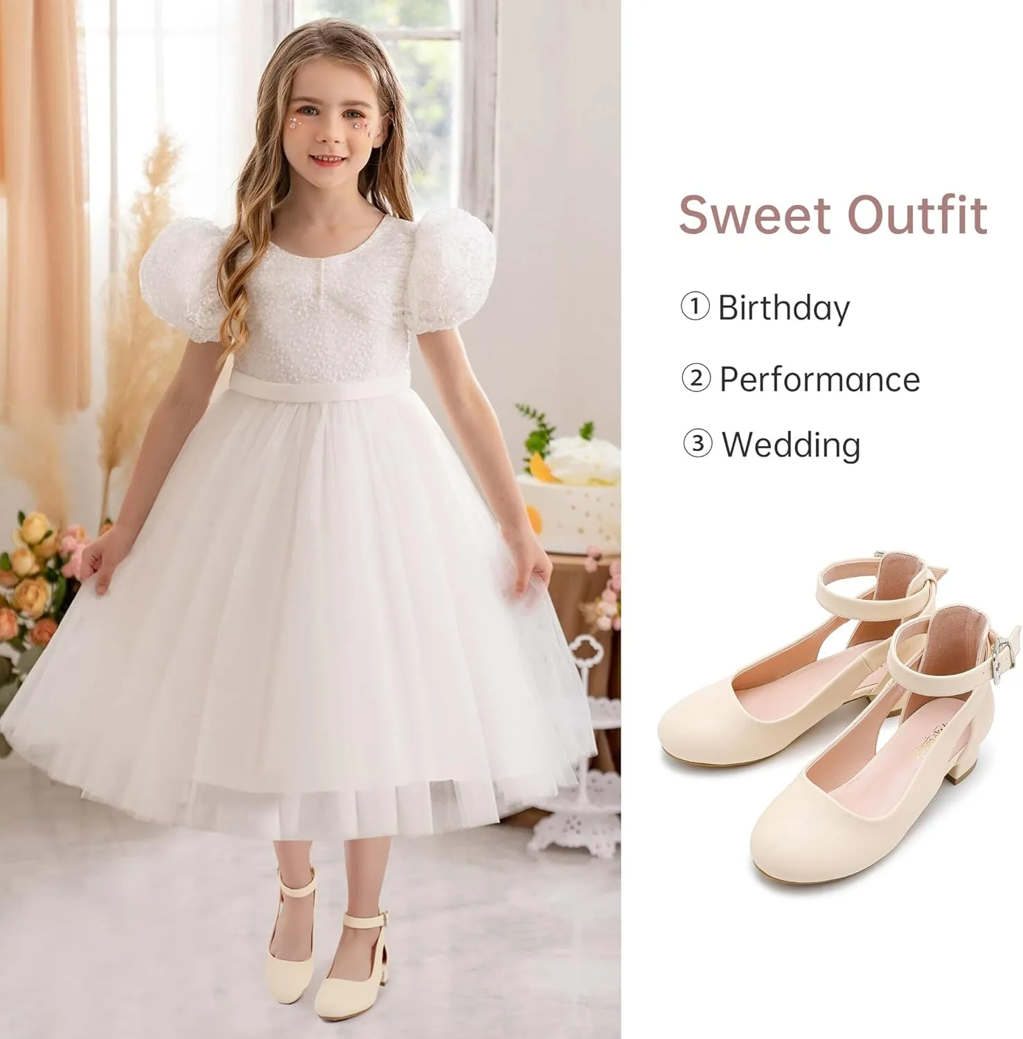 Toddler Girls Dress Shoes Flower Princess Shoes Girls Pump Low Heels Party Wedding for Little Big Kid