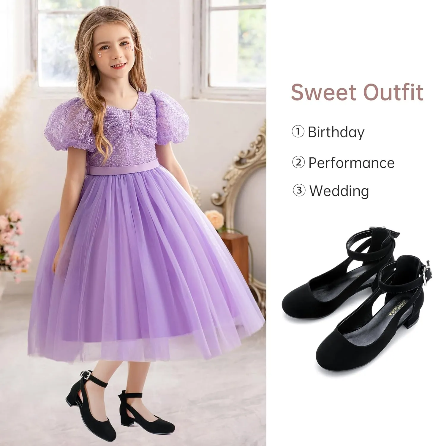 Toddler Girls Dress Shoes Flower Princess Shoes Girls Pump Low Heels Party Wedding for Little Big Kid