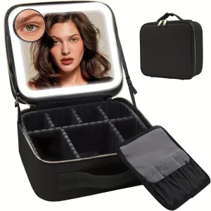 Travel Makeup Bag with Mirror of LED Lighted, with Adjustable Dividers, with Detachable 10x Magnifying Mirror (black)