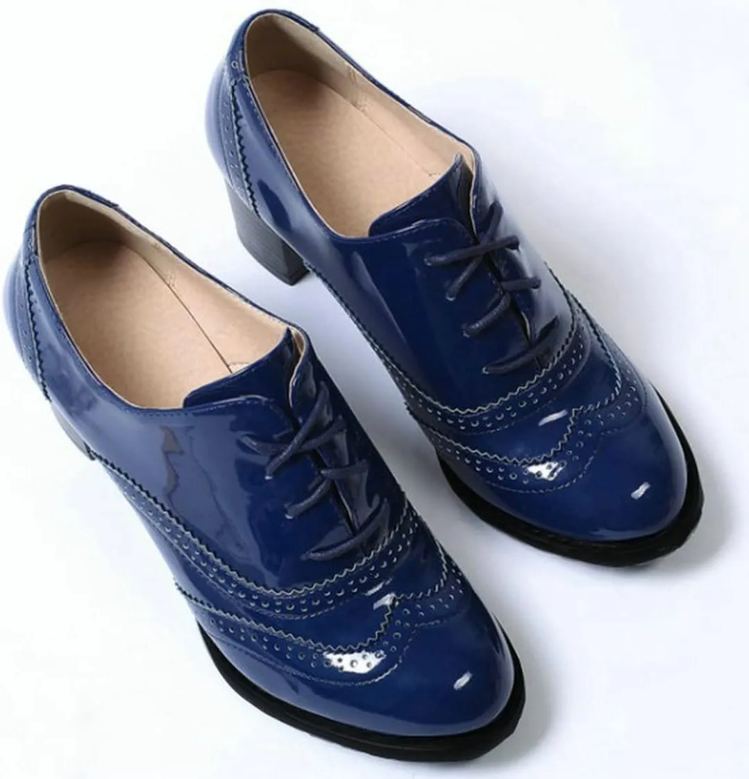 UniqueStride Womens Vintage Brogues Oxford Lace up Chunky Mid Heel Pumps Closed Round Toe Wingtip Patent Leather Shoes
