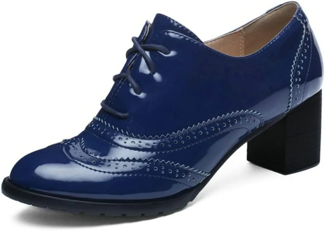 UniqueStride Womens Vintage Brogues Oxford Lace up Chunky Mid Heel Pumps Closed Round Toe Wingtip Patent Leather Shoes