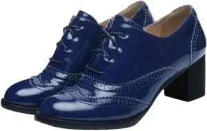 UniqueStride Womens Vintage Brogues Oxford Lace up Chunky Mid Heel Pumps Closed Round Toe Wingtip Patent Leather Shoes