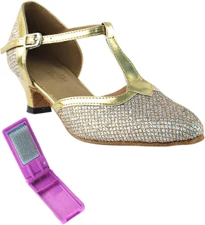 Very Fine Dance Shoes - Ladies Practice, Cuban Low Heel, Waltz Ballroom Dance Shoes - 9627-1.3-inch Heel and Foldable Brush Bundle - Gold Sparklenet - Gold Trim - 10