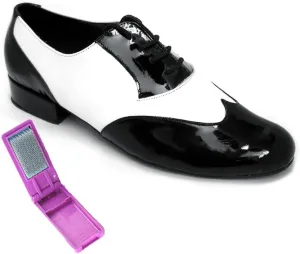 Very Fine Dance Shoes - Mens Standard, Smooth, Waltz Ballroom Dance Shoes - M100101-1-inch Heel and Foldable Brush Bundle - Black Patent - White Leather - 8.5