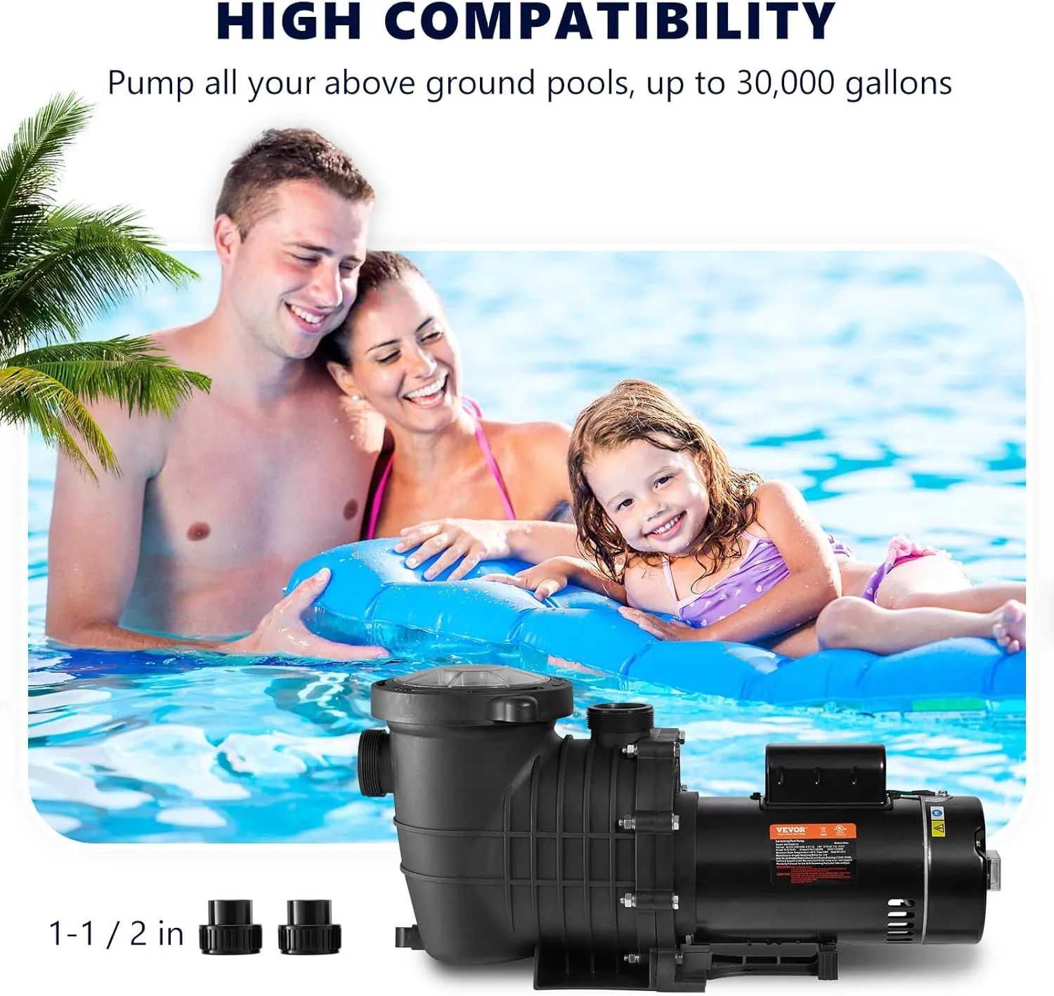 VEVOR Swimming Pool Pump, 1.5 HP 230 V, 1100 W Double Speed Pump for Above Ground Pool w/ Strainer Basket, 5400 GPH Max. Flow, Certification of ETL for Security