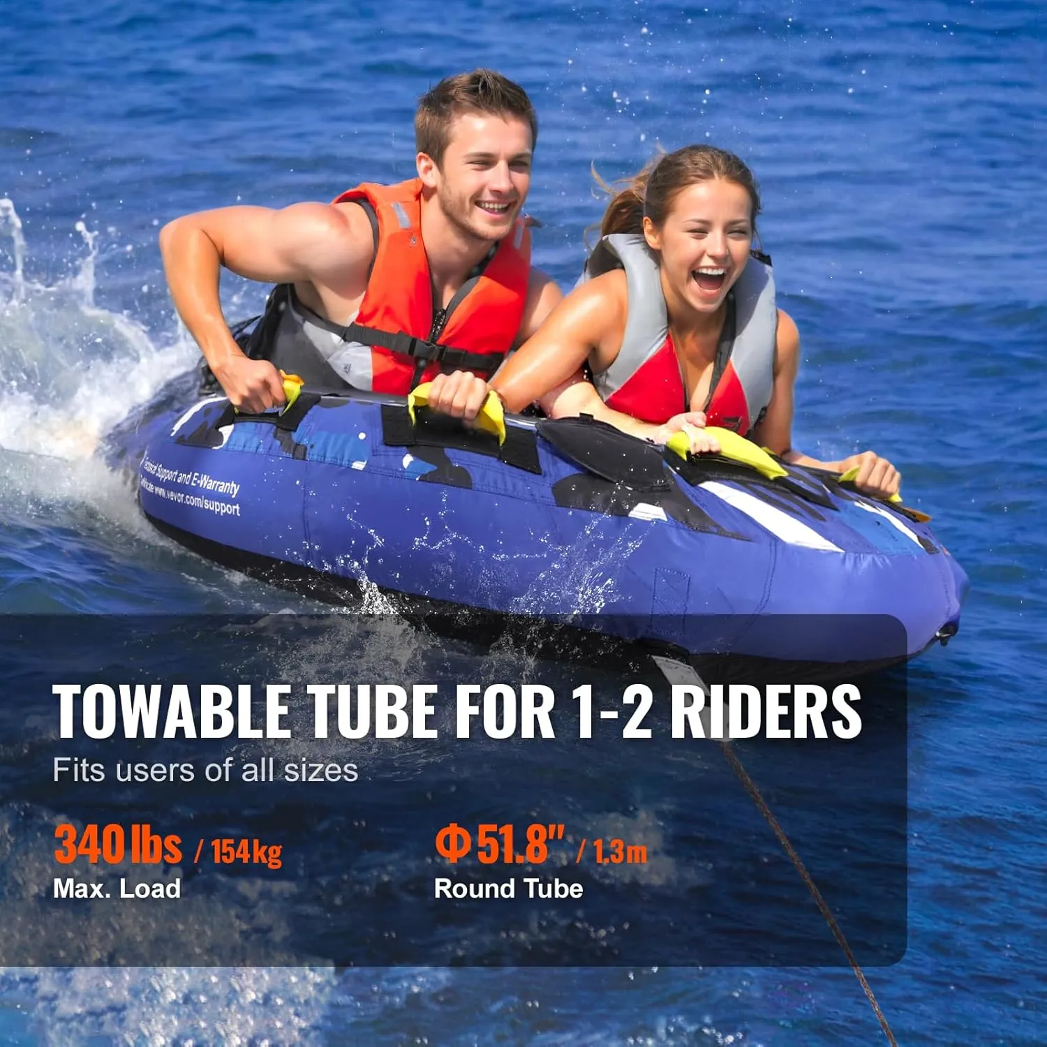VEVOR Towable Tubes for Boating, 1-2/1-3 Riders, 340-510 lbs, 51.8"-63", Full Nylon Cover, EVA Grab Handles