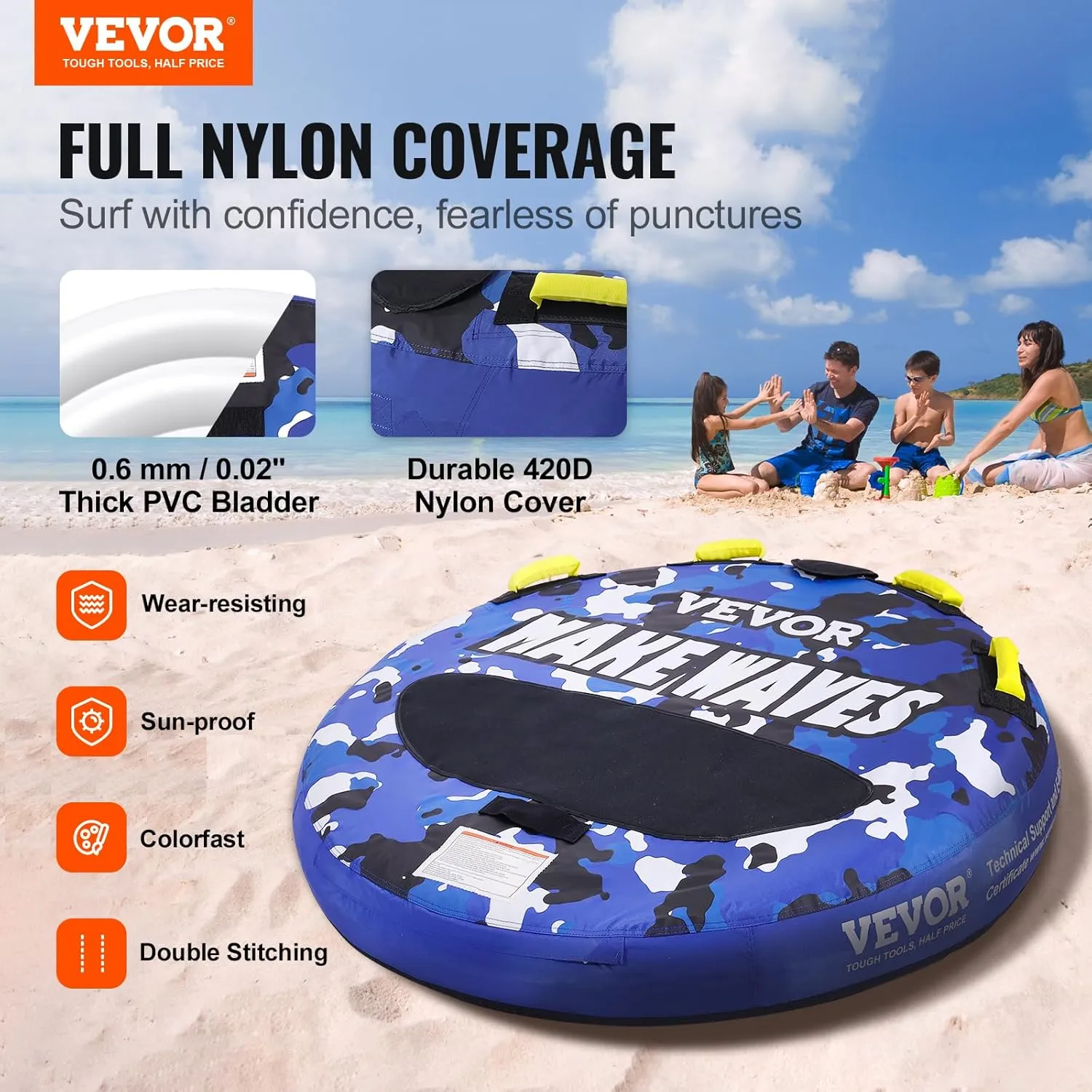 VEVOR Towable Tubes for Boating, 1-2/1-3 Riders, 340-510 lbs, 51.8"-63", Full Nylon Cover, EVA Grab Handles