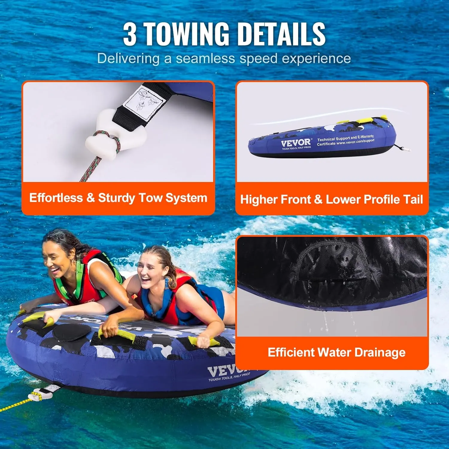 VEVOR Towable Tubes for Boating, 1-2/1-3 Riders, 340-510 lbs, 51.8"-63", Full Nylon Cover, EVA Grab Handles