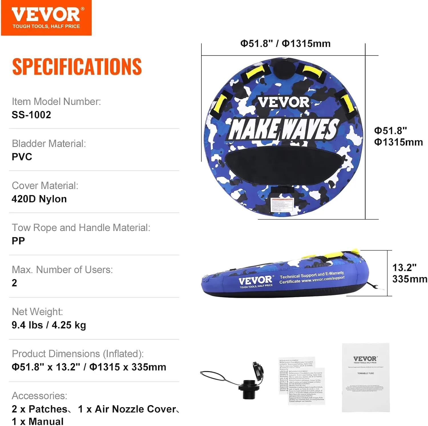 VEVOR Towable Tubes for Boating, 1-2/1-3 Riders, 340-510 lbs, 51.8"-63", Full Nylon Cover, EVA Grab Handles
