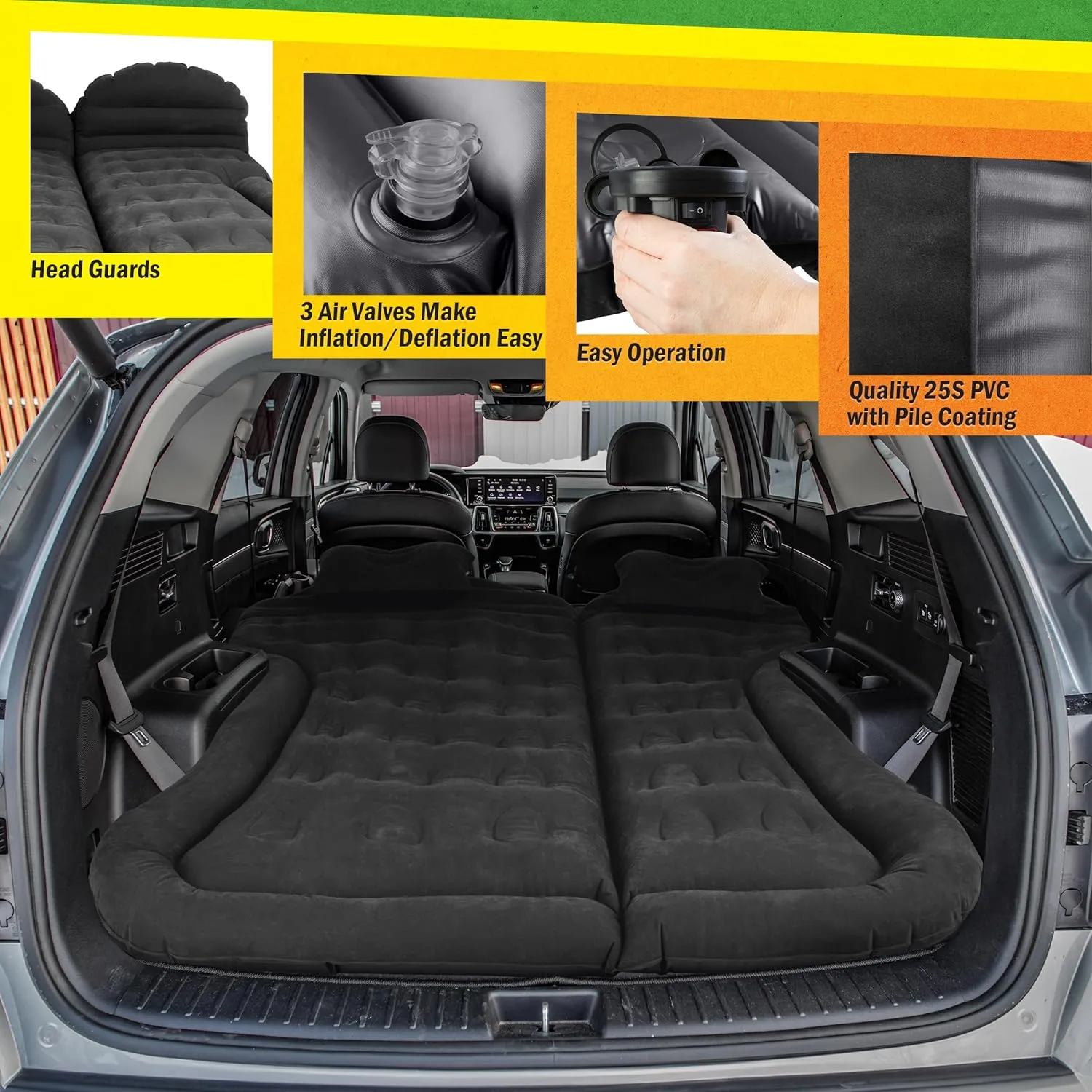 Wakeman Inflatable Mattress - Car Air Mattress for SUV or Tent with Aux Outlet Pump and 2 Inflatable Pillows - Car Camping Gear Outdoors (Black)