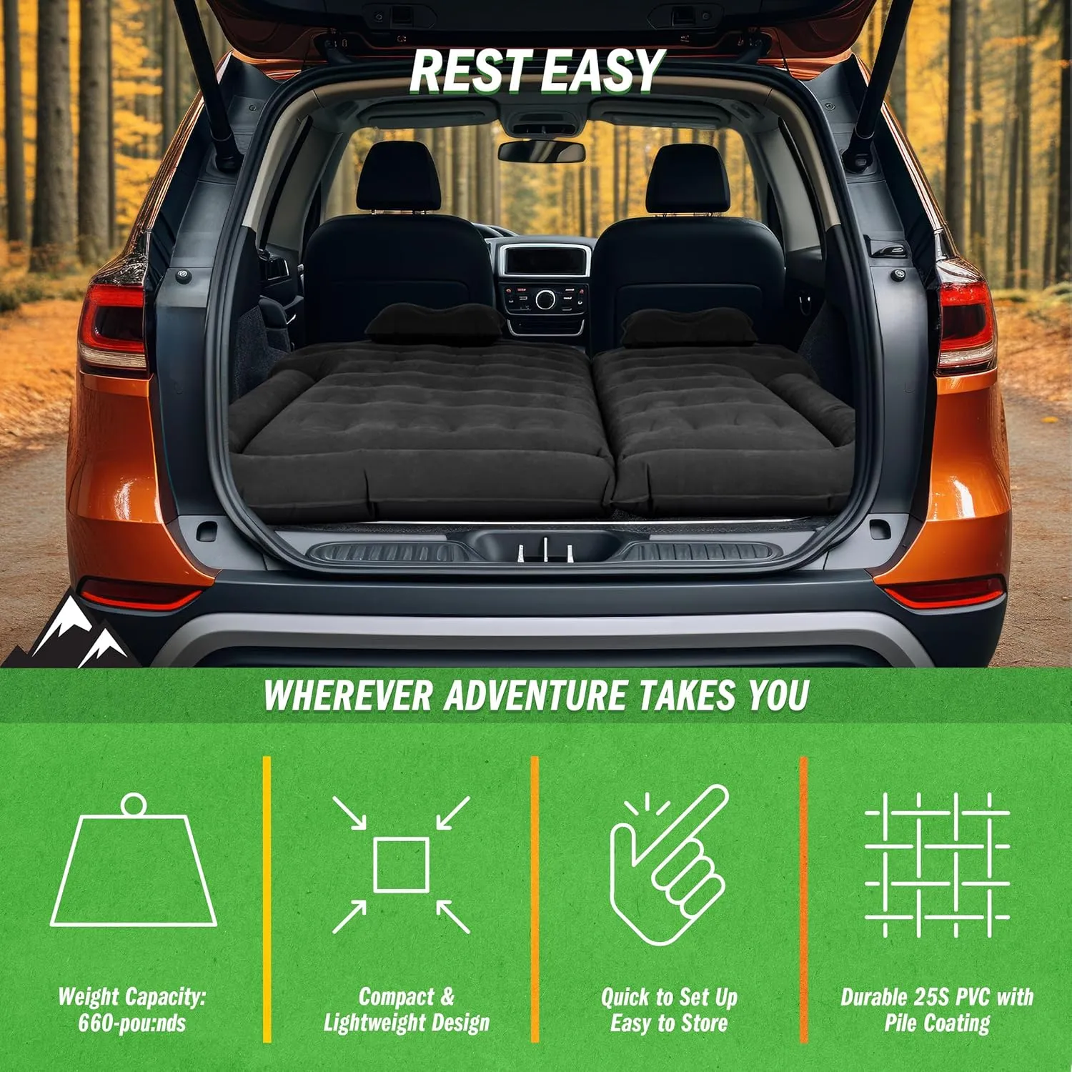 Wakeman Inflatable Mattress - Car Air Mattress for SUV or Tent with Aux Outlet Pump and 2 Inflatable Pillows - Car Camping Gear Outdoors (Black)