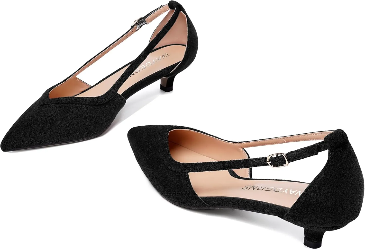 WAYDERNS Womens Pointed Toe Adjustable Strap Dress Wedding Solid Suede Buckle Kitten Low Heel Pumps Shoes 1.5 Inch