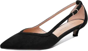 WAYDERNS Womens Pointed Toe Adjustable Strap Dress Wedding Solid Suede Buckle Kitten Low Heel Pumps Shoes 1.5 Inch