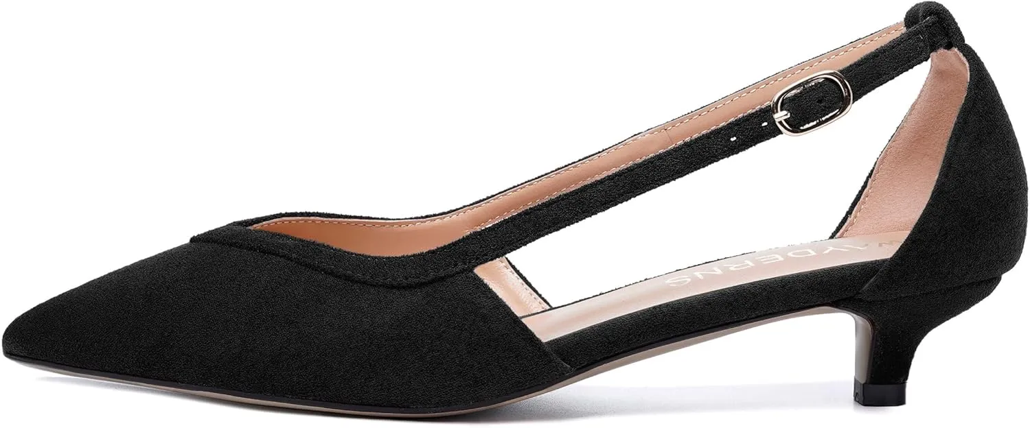 WAYDERNS Womens Pointed Toe Adjustable Strap Dress Wedding Solid Suede Buckle Kitten Low Heel Pumps Shoes 1.5 Inch