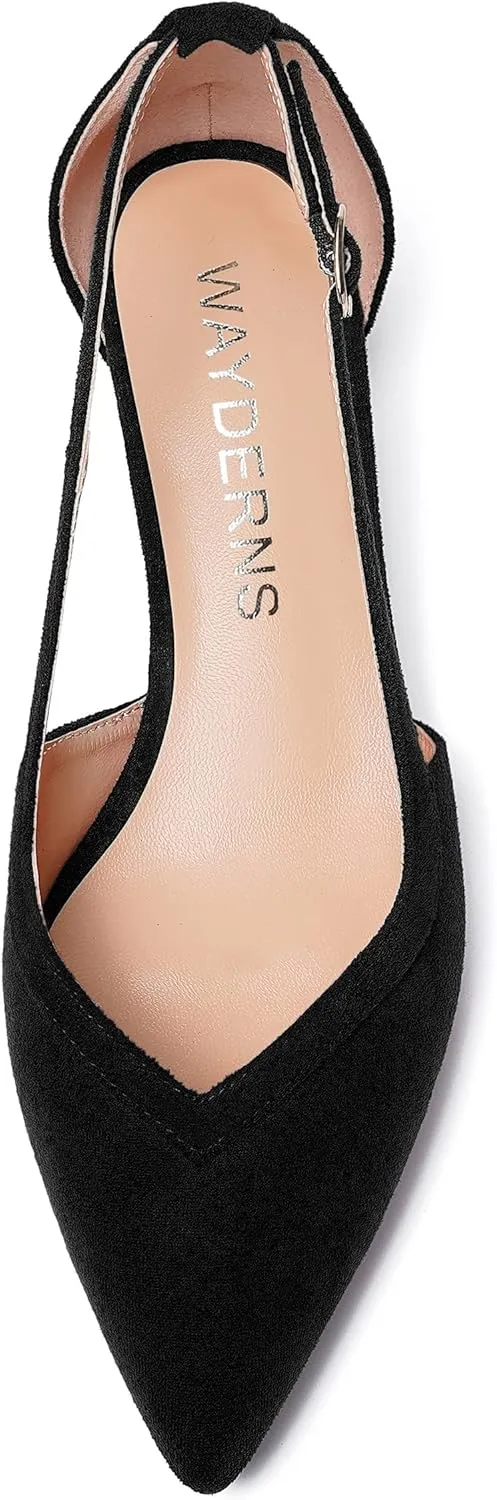 WAYDERNS Womens Pointed Toe Adjustable Strap Dress Wedding Solid Suede Buckle Kitten Low Heel Pumps Shoes 1.5 Inch