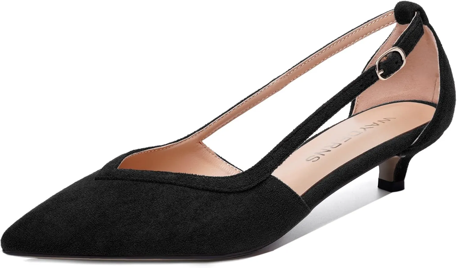 WAYDERNS Womens Pointed Toe Adjustable Strap Dress Wedding Solid Suede Buckle Kitten Low Heel Pumps Shoes 1.5 Inch