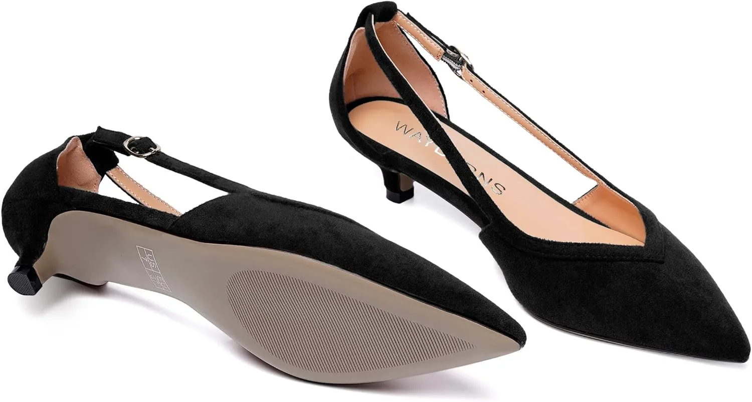 WAYDERNS Womens Pointed Toe Adjustable Strap Dress Wedding Solid Suede Buckle Kitten Low Heel Pumps Shoes 1.5 Inch