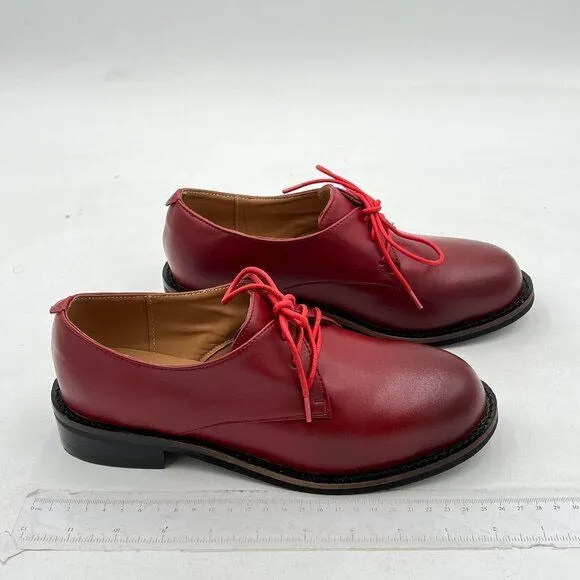 Wine Women Leather Classic Lace Up Oxford Low Heel Round Toe Casual Dress Pump