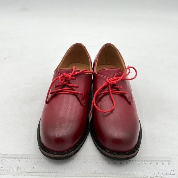 Wine Women Leather Classic Lace Up Oxford Low Heel Round Toe Casual Dress Pump