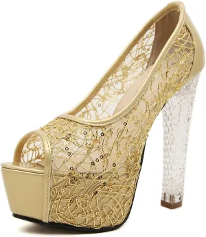 WOilERQ Women's Gold Heeled Shoes Open Toe Platform Pump Stiletto Heels Mesh Crystal Heel Sheer Sandals Summer Faux PU Wedding Bridal Heels