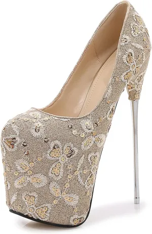 WOilERQ Women's Super Stiletto Sandals Lace Sequins Red Platform Pump Stiletto Heels Round Head Mesh Fabric Sexy High Heel Suitable for Women,Gold,40