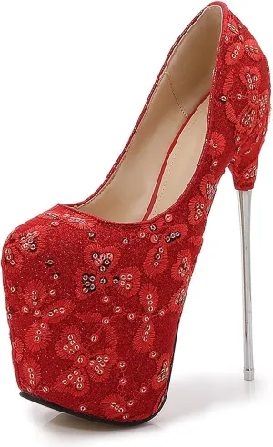 WOilERQ Women's Super Stiletto Sandals Lace Sequins Red Platform Pump Stiletto Heels Round Head Mesh Fabric Sexy High Heel Suitable for Women,Red,40