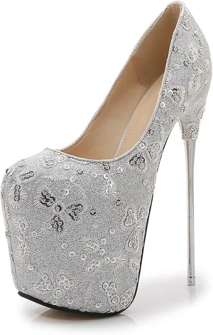 WOilERQ Women's Super Stiletto Sandals Lace Sequins Red Platform Pump Stiletto Heels Round Head Mesh Fabric Sexy High Heel Suitable for Women,Silver,50