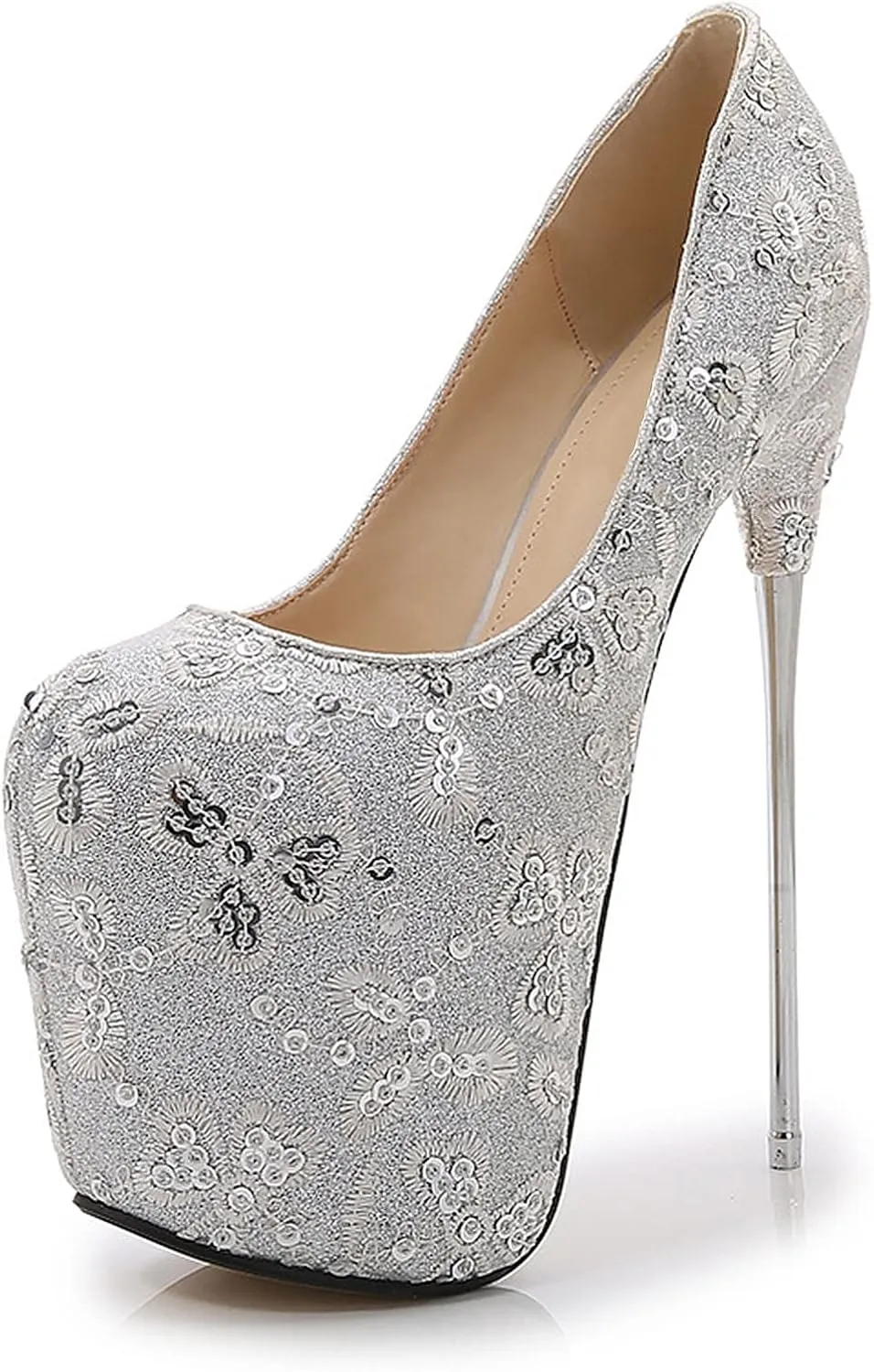 WOilERQ Women's Super Stiletto Sandals Lace Sequins Red Platform Pump Stiletto Heels Round Head Mesh Fabric Sexy High Heel Suitable for Women,Silver,50
