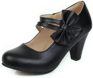 Women High Heel Mary Jane Dress Shoes Double Ankle Strap Sweet Bows Fashion Round Toe Uniform Pumps