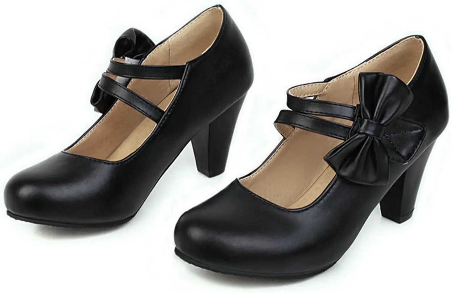 Women High Heel Mary Jane Dress Shoes Double Ankle Strap Sweet Bows Fashion Round Toe Uniform Pumps