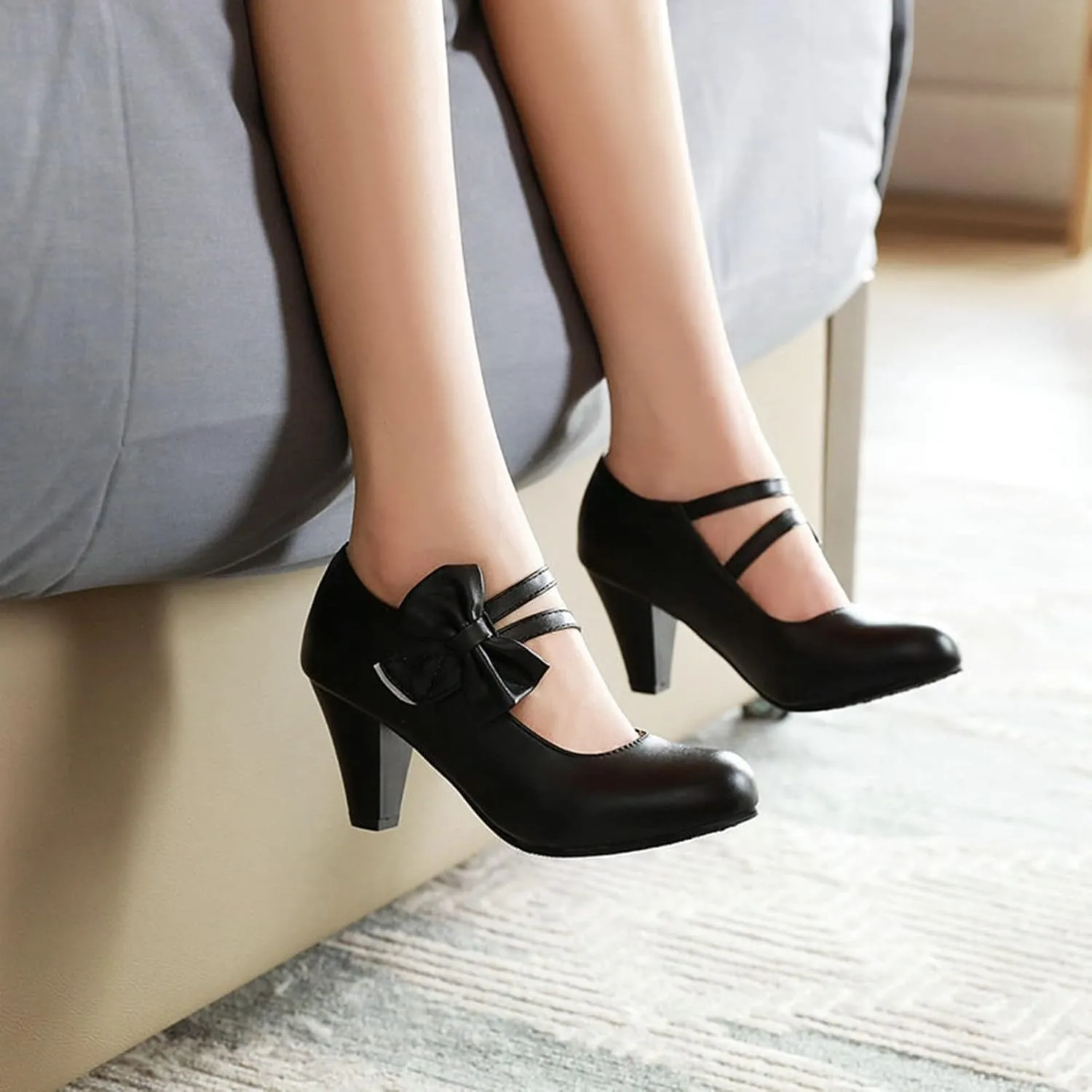 Women High Heel Mary Jane Dress Shoes Double Ankle Strap Sweet Bows Fashion Round Toe Uniform Pumps