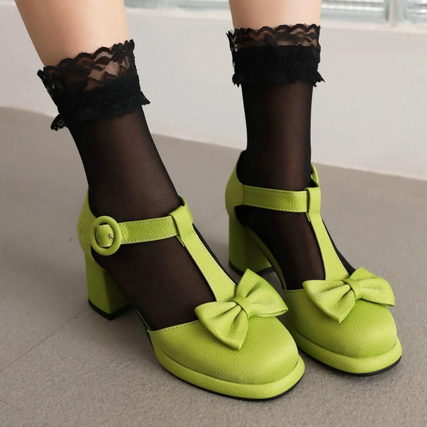 Women Platform Mary Jane Shoes Chunky Heel Pumps Matte Leather Sweet Bow T-Strap Closed Toe Sandals