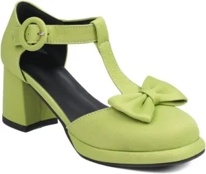 Women Platform Mary Jane Shoes Chunky Heel Pumps Matte Leather Sweet Bow T-Strap Closed Toe Sandals