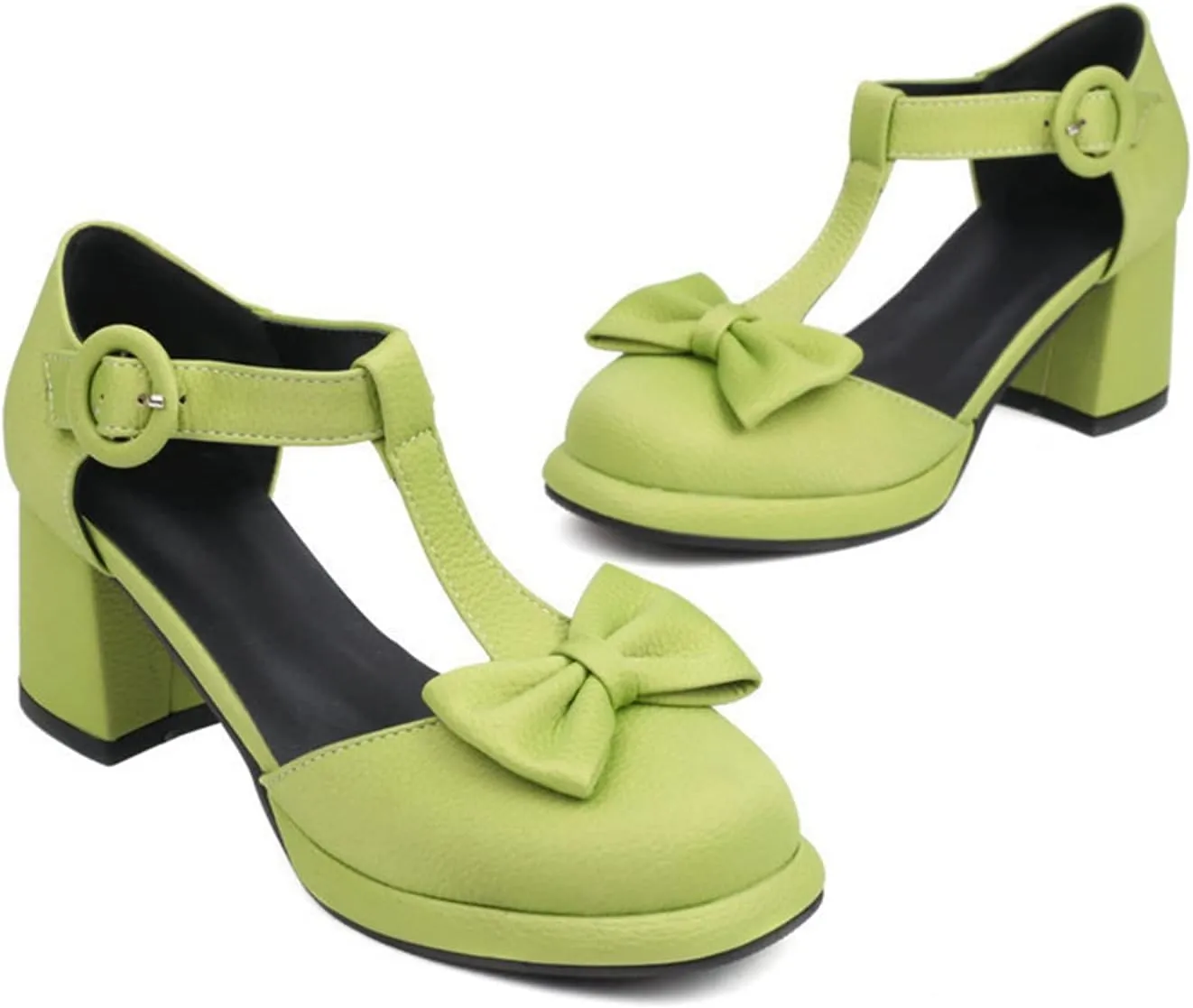 Women Platform Mary Jane Shoes Chunky Heel Pumps Matte Leather Sweet Bow T-Strap Closed Toe Sandals