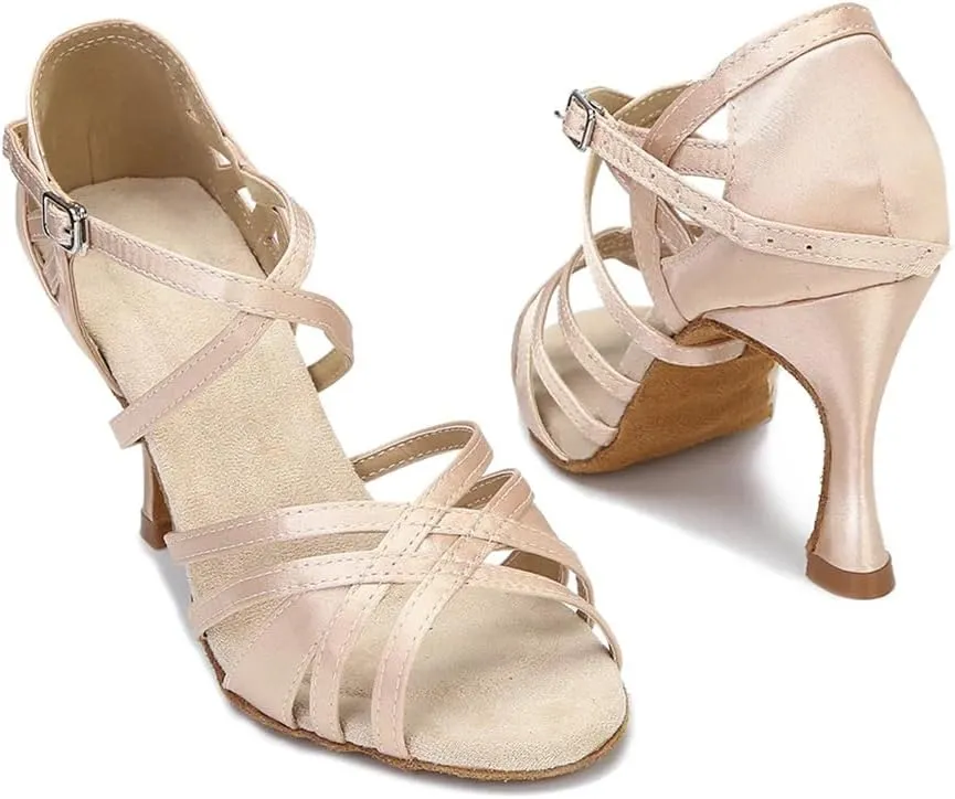 Women Silk Satin Dance Shoes Tango Salsa Latin Dance Shoes Wedding Party Rhinestones Sandals