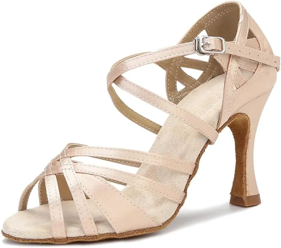 Women Silk Satin Dance Shoes Tango Salsa Latin Dance Shoes Wedding Party Rhinestones Sandals