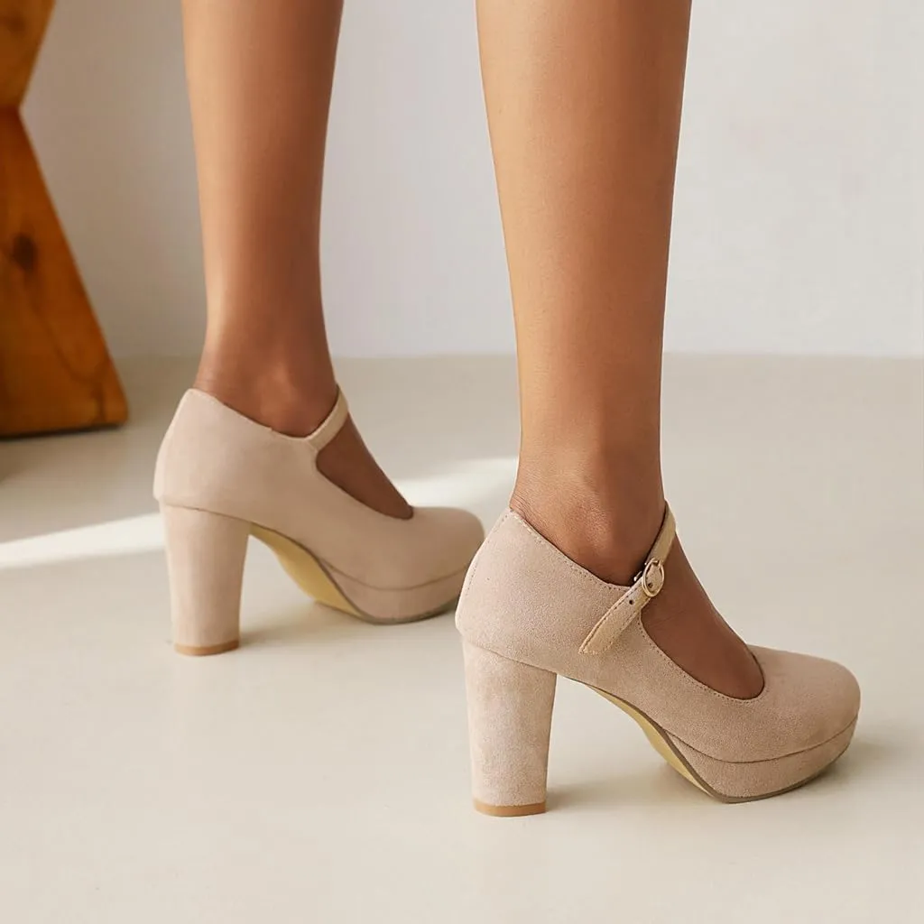 Women's Chunky High Heels Pumps Shoes Round Toe Platform Suede Buckle Strap Mary Jane Dressy Shoe