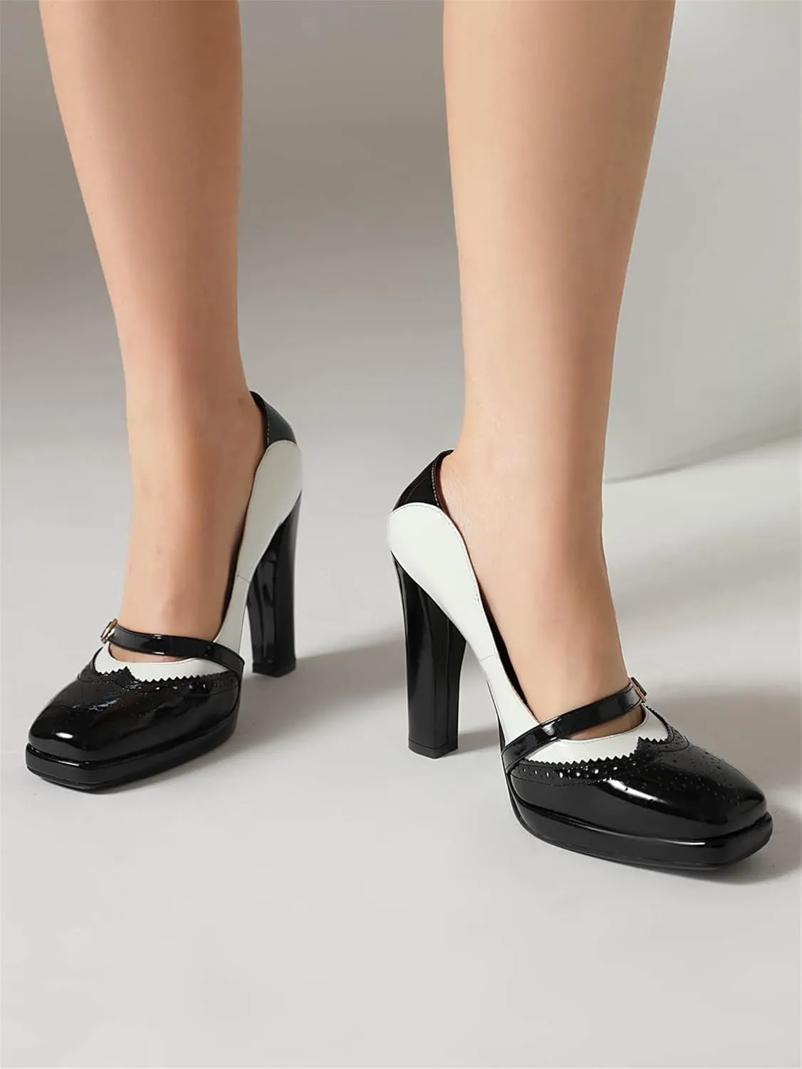 Women's High Heel Vintage Two Tone Mary Janes Pumps Dress Pumps