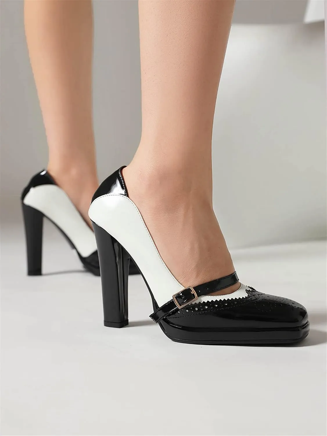 Women's High Heel Vintage Two Tone Mary Janes Pumps Dress Pumps