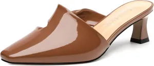 Women's Kitten Heel Mules, Square Toe Patent Low Heel Sandals, Slip On Low Heeled Slippers, Fashion Wedding Dressy Pump Shoes 2 Inch