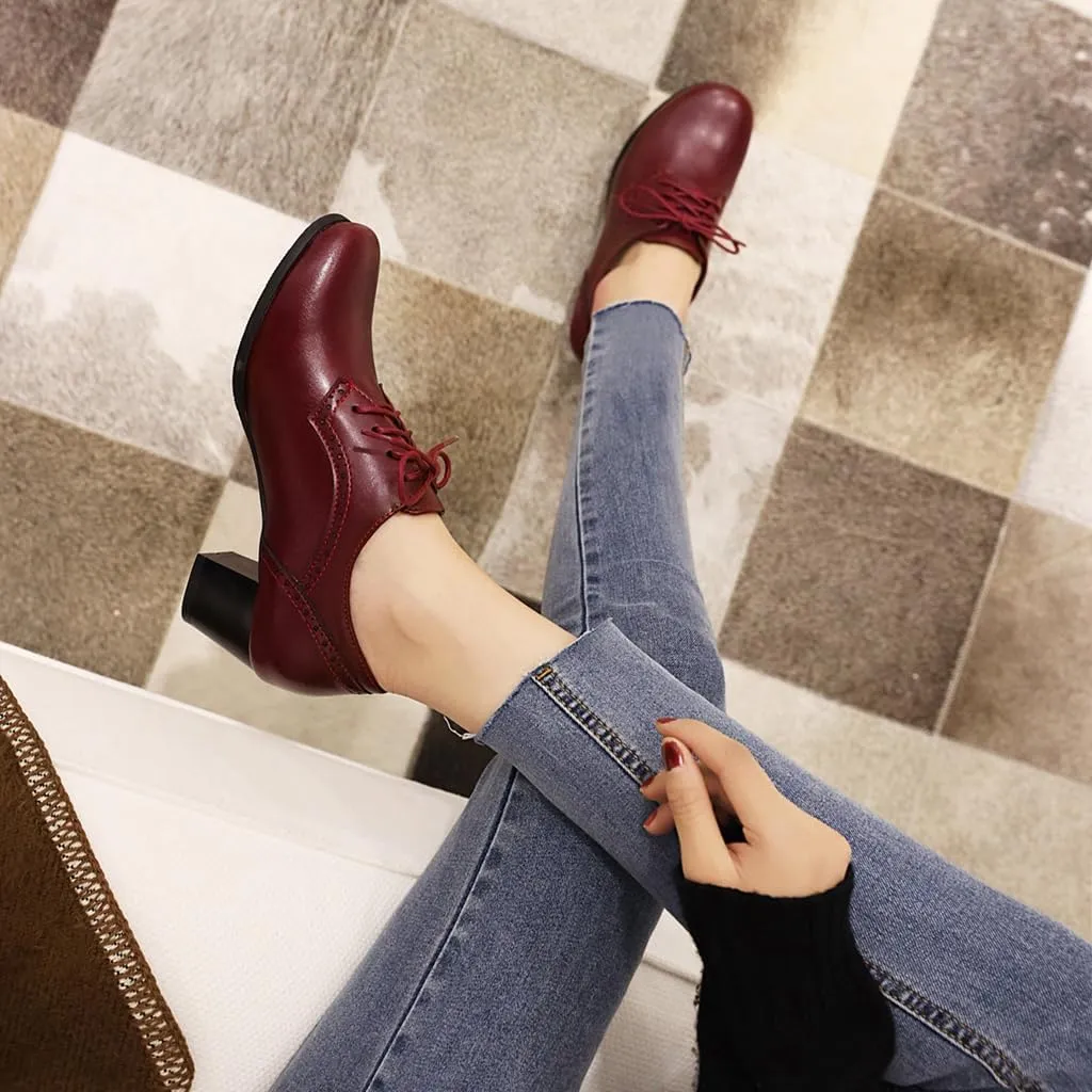 Women's Lace Up Wingtip Oxfords Pumps Block Mid Heel Round Toe Perforated Vintage Brogues Dress Shoes