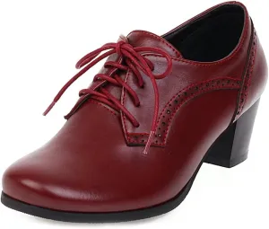 Women's Lace Up Wingtip Oxfords Pumps Block Mid Heel Round Toe Perforated Vintage Brogues Dress Shoes