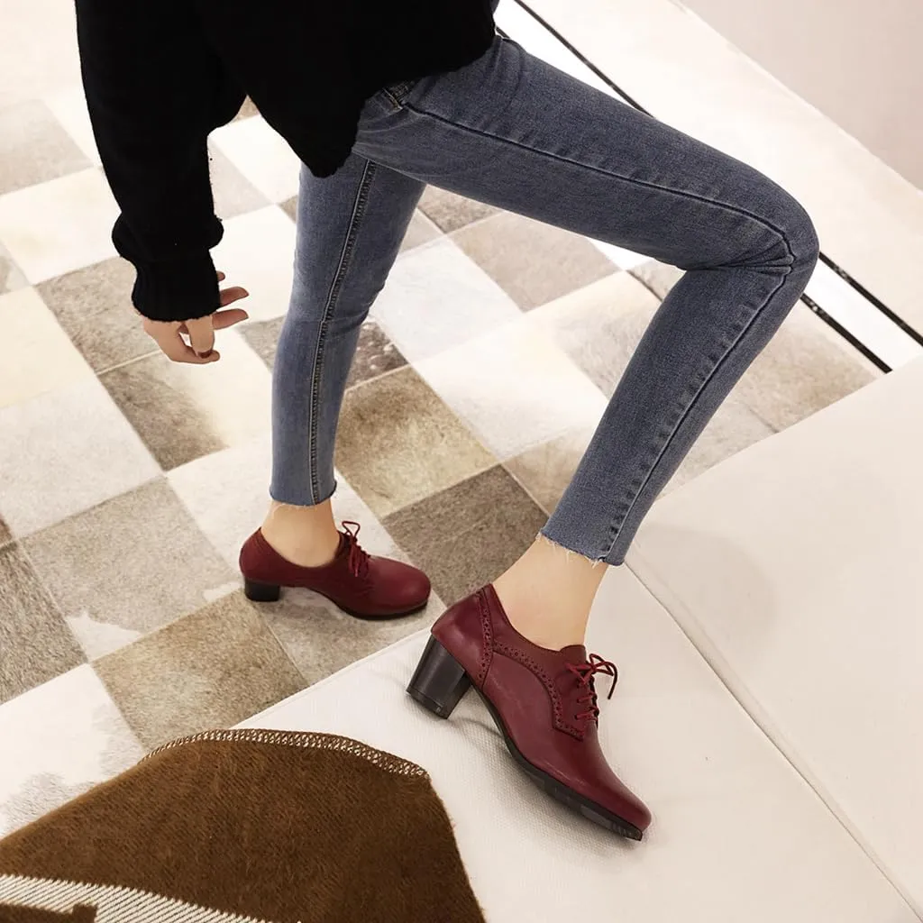 Women's Lace Up Wingtip Oxfords Pumps Block Mid Heel Round Toe Perforated Vintage Brogues Dress Shoes