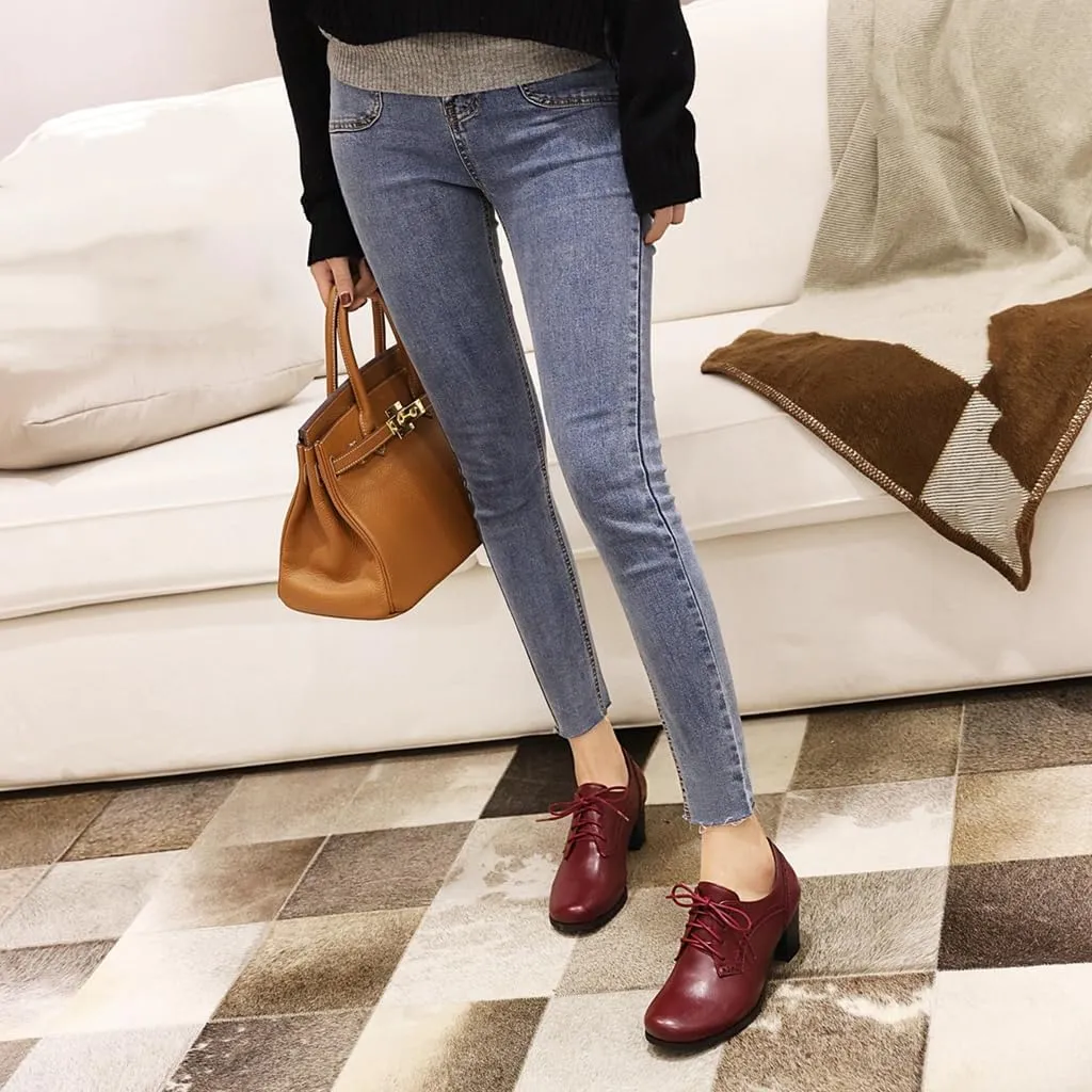 Women's Lace Up Wingtip Oxfords Pumps Block Mid Heel Round Toe Perforated Vintage Brogues Dress Shoes