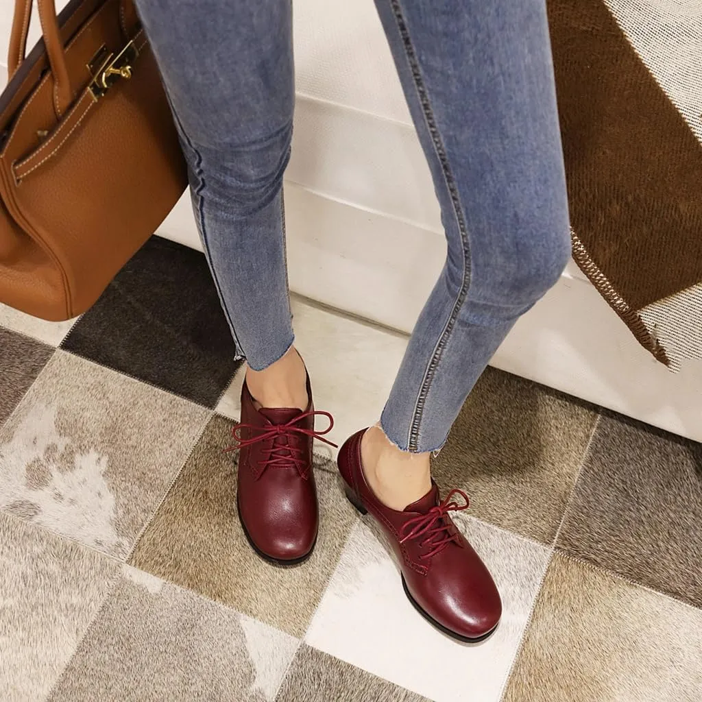 Women's Lace Up Wingtip Oxfords Pumps Block Mid Heel Round Toe Perforated Vintage Brogues Dress Shoes